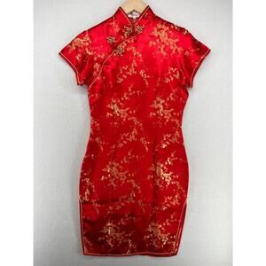 GOLDEN DRAGON Dress 32 XS Chinese Asian Floral Satin Cheongsam Qipao Red VTG